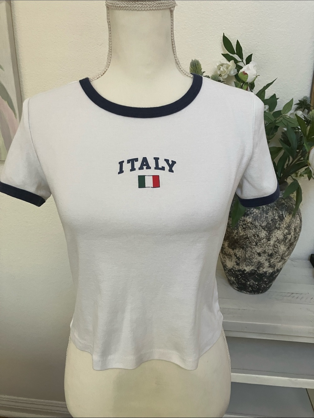 Pink Rose White Ringer Tee with Navy Trim and Italy Graphic